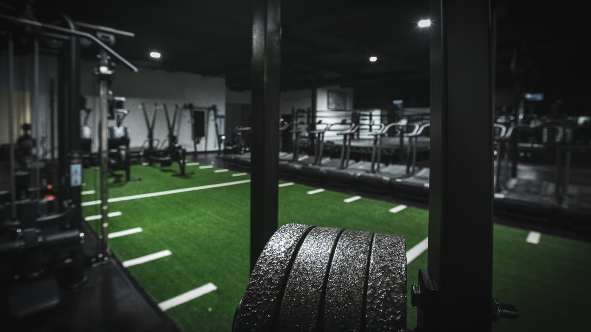 Gym floor with a turf training lane, strength equipment, and a row of treadmills